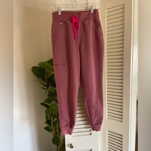 Populat Figs Scrubs Joggers- rose colored with hot pink ribbon tie.